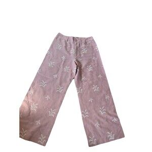 Elie Tahari Crop Linen Floral Pants 8 Wide Leg High Rise Embroidery Mauve Resort